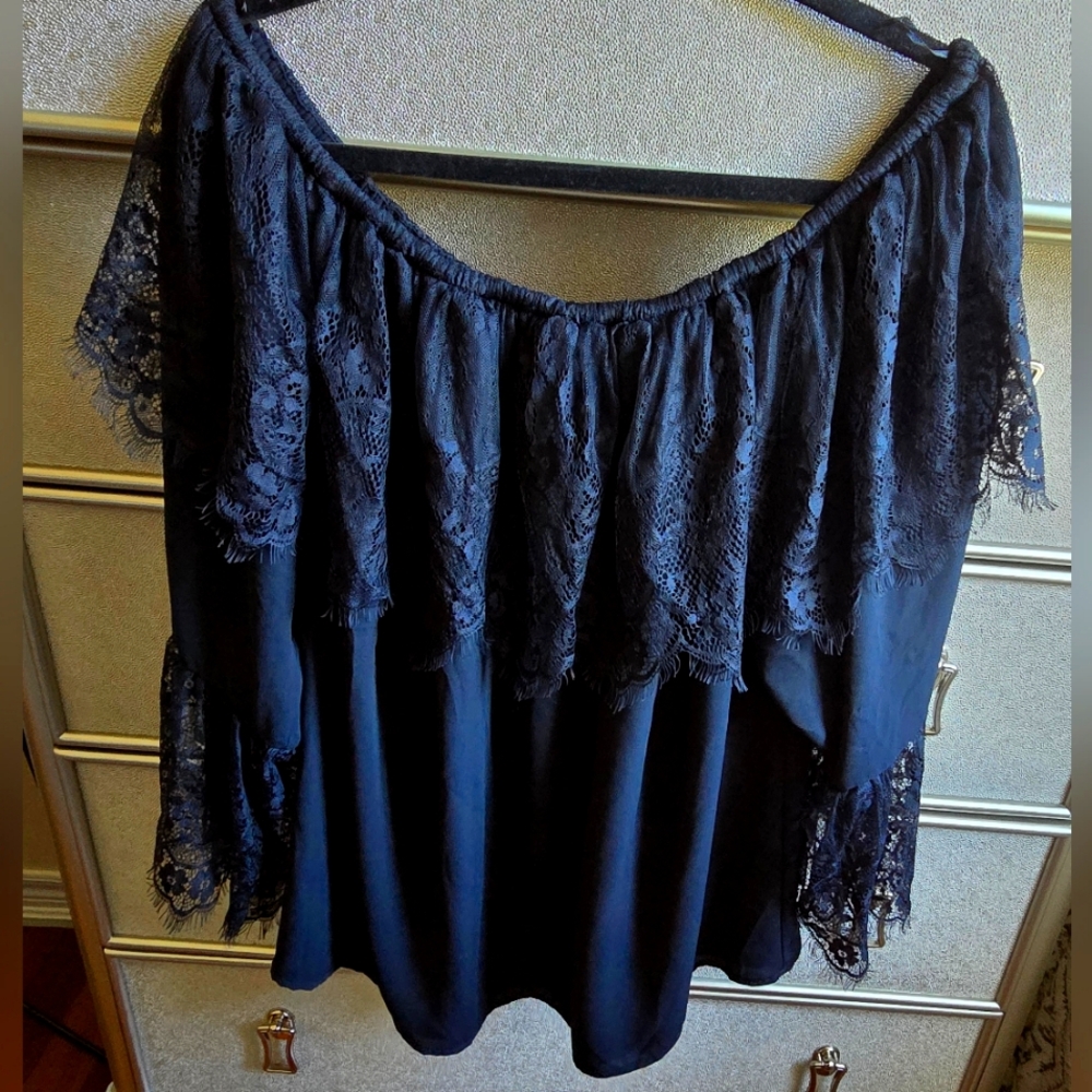 New! MichelStudio Off-the-Shoulder Black Coloured Lace Trim Blouse